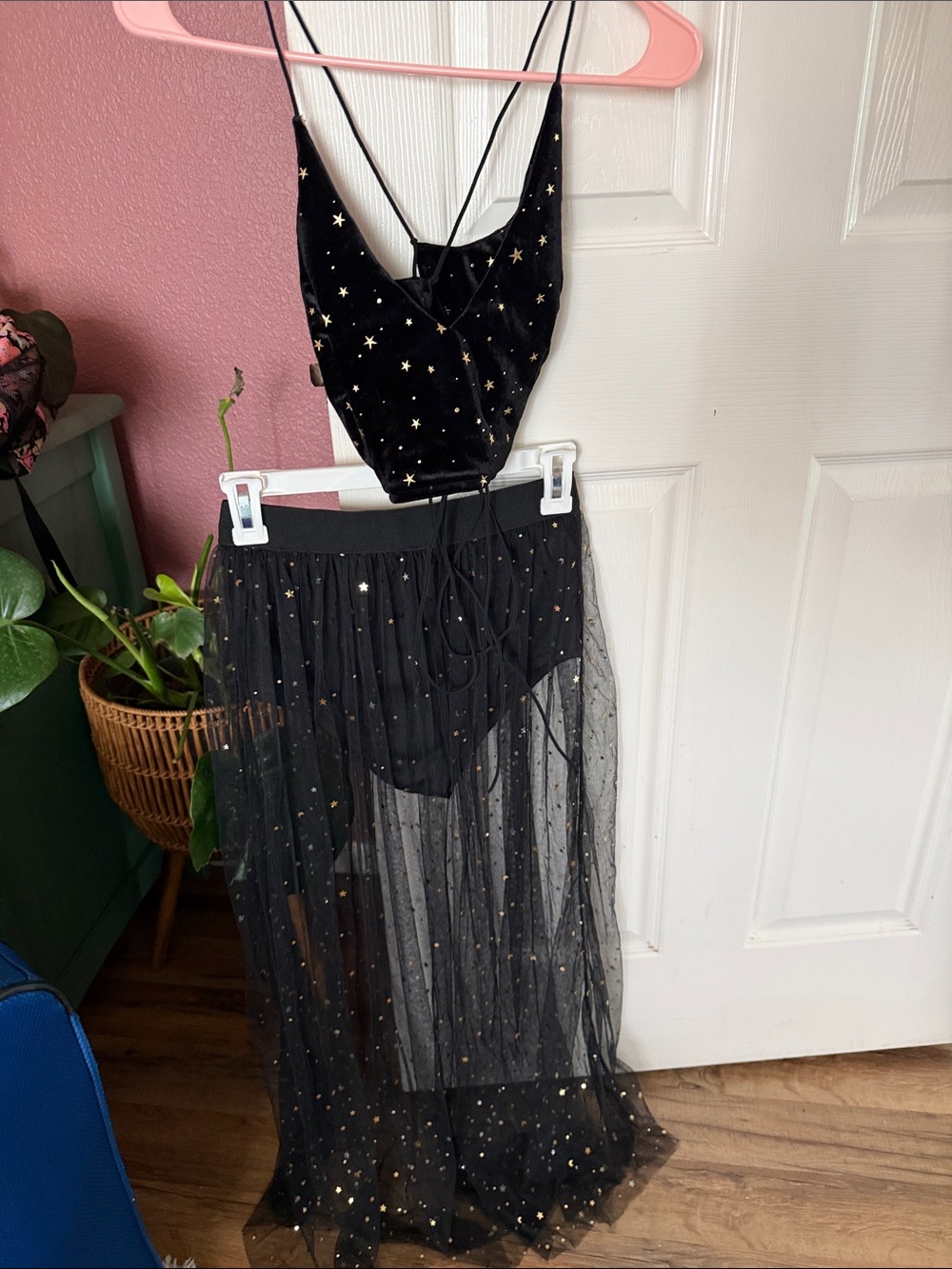 Black Starry Mesh Maxi Skirt & Velvet Cami Set